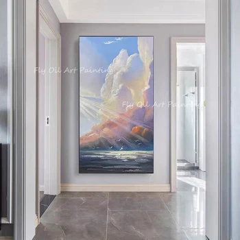 100% ручная роспись толстый пейзаж океан море белое облако солнечный свет большой размер современная картина маслом на холсте украшение дома