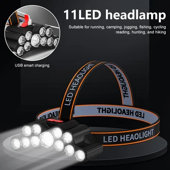 11LED Налобный фонарик Сильный свет Фонарик на голове USB Перезаряжаемый На открытом воздухе Пешие прогулки Кемпинг Ночная рыбалка Фара