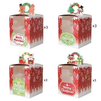 12 шт. Рождественская коробка для печенья Свадьба Рождественская подарочная упаковка Бумажная коробка с ручкой Санта-Клаус Торт Кекс Коробка Праздник Новый год