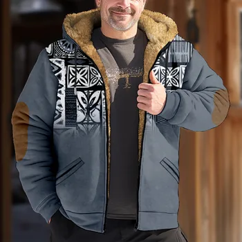 2023 Зимние мужские теплые толстые флисовые куртки Винтажный принт с рисунком Пэчворк Отложной воротник Повседневные пальто на пуговицах Мужская верхняя одежда