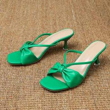 2023 Лето Новый Круглый Носок Открытый Носок Сплошной Цвет Простая Мода Тонкий Каблук Тапочки Удобная Женская Обувь Для Внешнего Ношения