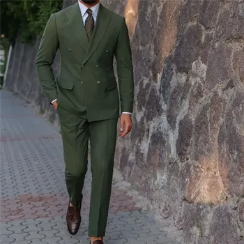 2023 Мужской костюм Блейзеры Деловой костюм для мужчин Армейский зеленый двубортный приталенный крой Комплекты Вечеринка Костюм Homme Mariage Жених Одежда