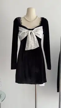 2023 Новое женское модное мини-платье Сексуальное платье с бантом с длинным рукавом Облегающее вечернее платье Элегантная вечеринка Женское кружевное длинное платье