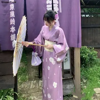 2023 Новое японское кимоно женщина с белым оби винтажный стиль цветочный принт исполнитель юката платье фотография банный халат