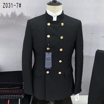 2023 Новый мужской комплект Черный костюм Остроконечный стоячий воротник Классический двубортный свадебный набор из трех частей (куртка + брюки)