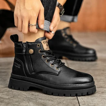 2023 Универсальная обувь для мужчин Зимние мужские ботинки на открытом воздухе Нескользящие ботильоны Мужская мужская обувь с круглым носком и шнуровкой на шнуровке на платформе с боковой застежкой-молнией