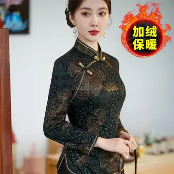 2024 Китайская утолщенная женская блузка Cheongsam улучшенная осень и зима Новый тонкий воротник-стойка с длинным рукавом ретро костюм Tang W78