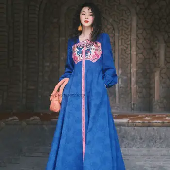 2024 Китайский традиционный народный танец Платье Национальный цветок Вышивка Хлопок Лен Принцесса Фея Платье Танец Костюм