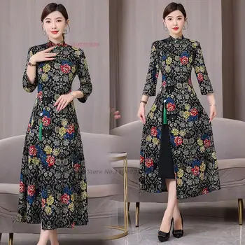 2024 Китайское улучшенное платье ципао Винтажное национальное цветочное платье Cheongsam с национальным цветочным принтом A-Line qipao Восточное банкетное вечернее платье Vestido