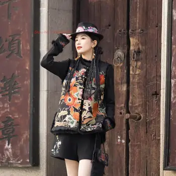 2024 Национальная цветочная вышивка Тан Костюм Жилет Китайский традиционный жилет с хлопковой подкладкой Восточный винтажный повседневный этнический жилет