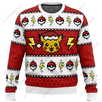 2024 Покемон Пикачу Пиксельный Рождественский свитер для мужчин Женщины Аниме Пикачу Толстовка с круглым вырезом