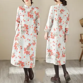 2024 Традиционное китайское винтажное флисовое платье Чхонсам с национальной цветочной подкладкой Qipao Восточное улучшенное льняное платье из хлопка qipao