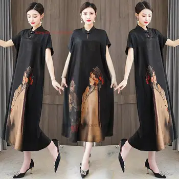 2024 традиционное китайское винтажное платье улучшенное платье чхонсам банкетное вечернее платье ципао с национальным цветочным принтом атласное платье