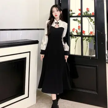 2024 Улучшенное платье с длинными рукавами чхонсам в китайском стиле для женщин весной осень тонкий темперамент юбка средней длины