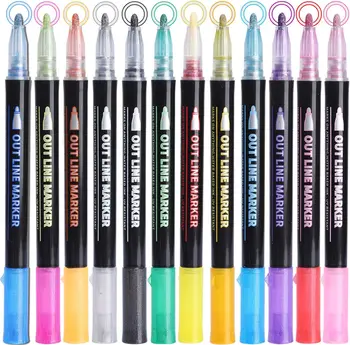 24 Цветные контурные металлические маркеры, ручки с двойной линией, ручки для рисования с волшебным блеском для открыток, ремесло, плакат, живопись, набор для самостоятельного изготовления