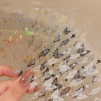 3D металлический серебряный бабочка наклейки для ногтей 8 * 10 см большой полый лазер бабочка наклейки для ногтей боковые черные/белые панк фольги для ногтей
