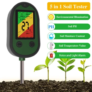 5 в 1 Тестер почвы PH-метр Измеритель влажности растений TEMP Измерение интенсивности солнечного света Сигнализация Монитор для проверки кислотности почвы