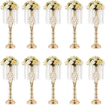 6 шт. 55 см Золотая ваза для свадьбы Металлическая подставка для цветов Центральные элементы Украшения стола с люстрой Кристаллы Цветочная ваза
