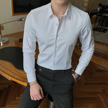 7 цветов Мужская деловая мода Однотонная рубашка с длинным рукавом Классический стиль Хлопок Повседневная белая рубашка Slim Fit Офисная одежда