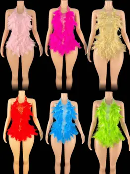 9 цветов Женщины Новое Перо Сексуальное Блестящее Горный Хрусталь Боди Певица Сценическое Шоу Одежда Отпраздновать Перо Выступление Наряд