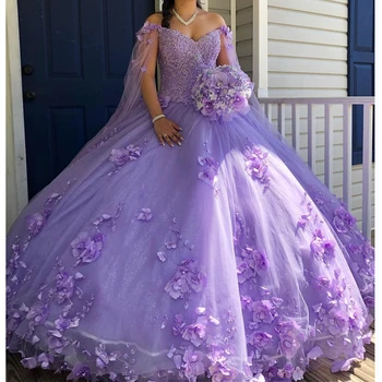 ANGELSBRIDE Сиреневые платья Quinceanera с накидкой 3D цветы аппликация бисером Sweet 16 Выпускной вечер Princess Платья Vestido de 15 Años