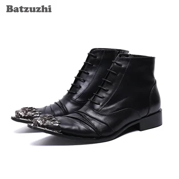 Batzuzhi Британский тип Мужские сапоги Остроконечный железный носок Черные сапоги из натуральной кожи Лодыжки Шнуровка Деловая обувь Сапоги botas hombre
