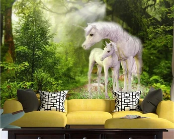 beibehang Детская комната стена на заказ обои природа зеленый лес белая лошадь Высококачественный шелковый материал 3d обои behang