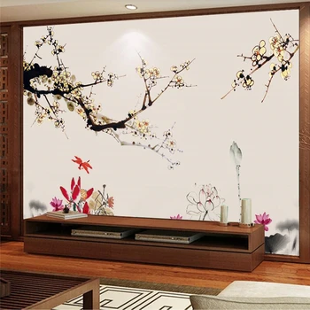 beibehang китайские чернила слива пейзаж лотос фон телевизор декоративная живопись на заказ большие фрески зеленые обои
