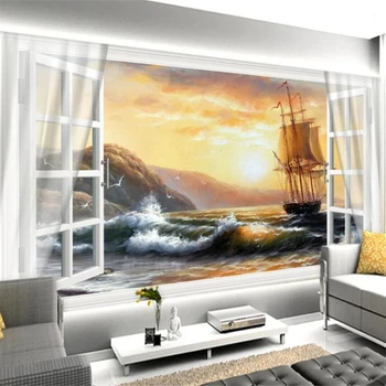 beibehang обои для стен 3d Изготовленные на заказ белые окна парусная лодка картина вид на море фоновые стены papel de parede 3d обои
