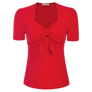 Belle Poque Винтажная блузка с баской Топы с коротким рукавом для женщин Элегантная рубашка с квадратным V-образным вырезом и пышным рукавом Бант Футболка с узлами