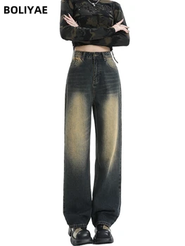 Boliyae Ностальгические ретро мешковатые джинсы женские Y2k Модные джинсовые брюки с высокой талией Уличная одежда Прямые стиранные широкие брюки для мамы