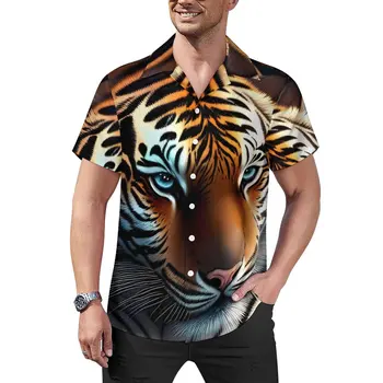 Caspian Tiger Повседневные рубашки Пляжная рубашка с принтом Big Cat Гавайи Y2K Блузки Мужской Графический Большой Размер