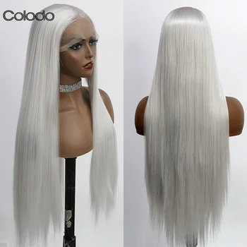 COLODO Highlight Silver Wig Drag Queen Синтетический кружевной передний парик с высококачественным термостойким бесклеевым 30-дюймовым косплеем ежедневно