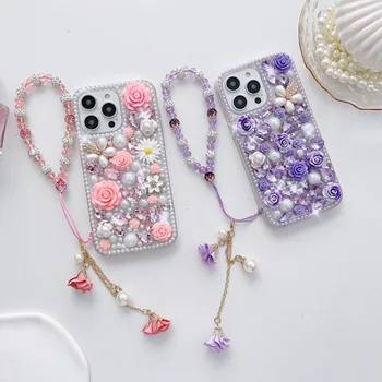 Crystal Flower Pearl Наручный Чехол Для iPhone 12 13 14 11 15 Pro 7 8 Plus Samsung Galaxy S22 S21 S23 FE Ultra Note 20