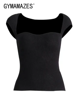 GYMAMAZES Тонкие трикотажные футболки для женщин Квадратный воротник Без рукавов Минималистичная однотонная летняя футболка Женская модная одежда 2023