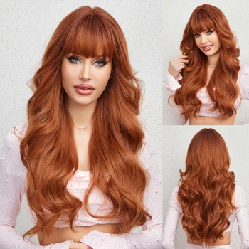 HAIRCUBE Длинный волнистый коричнево-оранжевый синтетический парик с челкой Парик с натуральными волнистыми волосами для женщин Термостойкий парик для ежедневного использования косплей