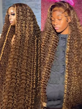 Highlight Honey Brown Curly 13x4 Кружевные передние парики из натуральных волос Бразильский парик 13x6 Ombre Color Deep Wave Lace Frontal Wig для женщин