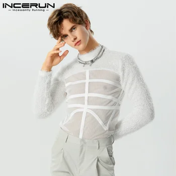 INCERUN Tops 2023 Американский стиль Новые мужские шерстяные футболки для сращивания ткани Сексуальные мужские прозрачные сетчатые футболки с длинными рукавами S-5XL
