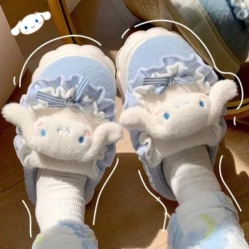 Kawaii Sanrio Аниме Cinnamoroll Hello Kitty Милый мультфильм Зимнее тепло и противоскользящие домашние хлопковые тапочки Подарки для девочек