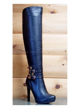 Knee High Platform Роскошные сапоги на молнии с круглым носком Lady Stiletto High Heel Leather Buckle Boots 2024 Женская модная обувь Дизайн