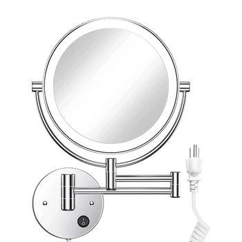 LED Настенное подвесное зеркало круглое двустороннее 1X/10X Увеличение со световой кнопкой 360 Поворотная хромированная вилка США