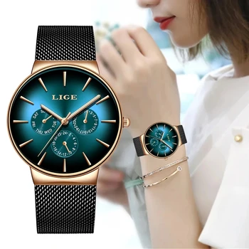 LIGE Новые часы для женщин Наручные часы Модные брендовые часы из нержавеющей стали Женские кварцевые часы Дата Неделя Часы Reloj Mujer + Box