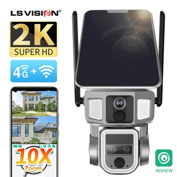 LS VISION 4G/WiFi 2 в 1 Солнечная камера с двумя экранами Наружная 2K HD Три объектива 10-кратный оптический зум Камеры видеонаблюдения с автоматическим отслеживанием человека