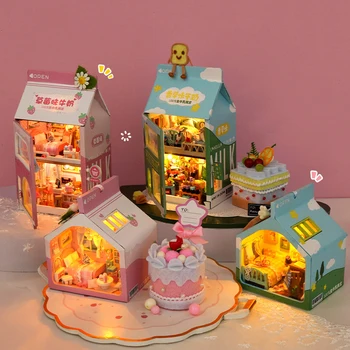 NEW DIY Деревянный мини-торт Спальня Casa Кукольные домики Миниатюрные строительные наборы с мебелью Легкие игрушки для кукол для взрослых Подарки