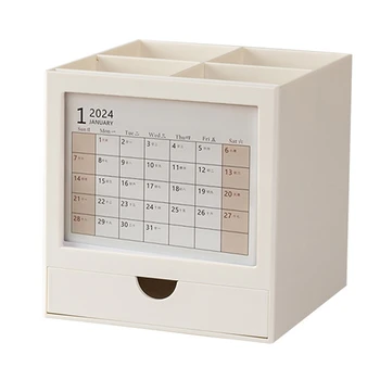 Pencil Desk Organizer Calendar 2024 Настольный календарь, вращающийся на 360 ° держатель для карандашей и держатель для ручки кисти для макияжа для офиса Простота в использовании