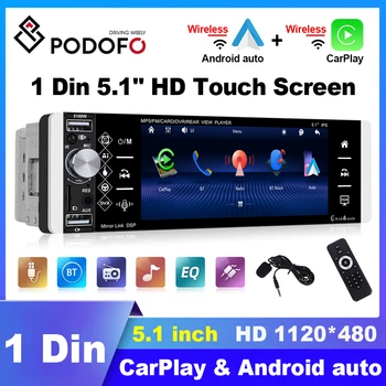 Podofo 1din Carplay Авто Радио 5,1 дюйма MP5 Аудио Видео Плеер Android Авто Carplay Bluetooth Приемник AM FM Радио Магнитофон