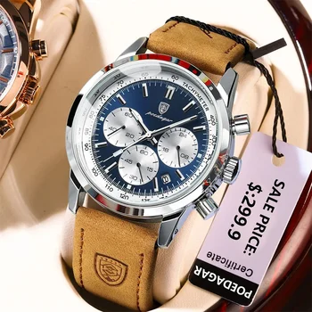 POEDAGAR Мужские часы Лучший бренд роскошных кварцевых часов с хронографом для мужчин Высококачественные кожаные водонепроницаемые светящиеся часы с календарем