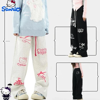 Sanrio Hello Kitty Мультяшные брюки Y2K Женские граффити Повседневные прямые брюки Мода Уличные повседневные брюки Свободные леггинсы Подарок