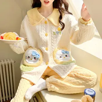 Sanrio Аниме Hello Kitty Пижама для женщин Зима Kawaii Новый утолщенный большой размер домашней одежды Пижамный комплект можно носить на улице