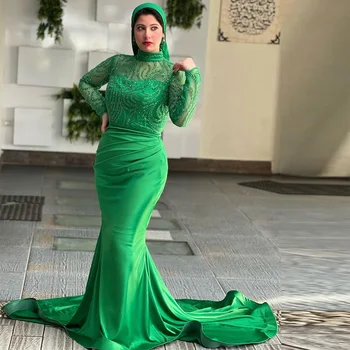 Sevintage Скромные зеленые выпускные платья русалки Аппликации из бисера Длинные рукава Арабское мусульманское вечернее платье с высоким воротником Турецкие платья